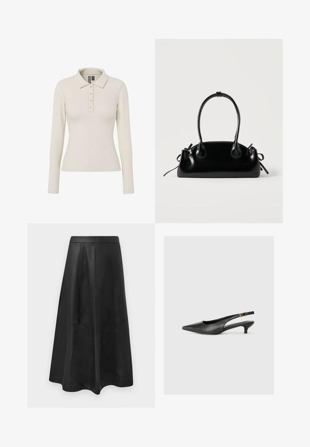 Polo à manches longues en tissu côtelé blanc cassé avec un col et cinq boutons métalliques sur le devant. Design ajusté.; Jupe midi en cuir noir avec une silhouette évasée, présentant des coutures détaillées et une texture lisse. Pas de matériel ou d'accents visibles.; Chaussure slingback noire à bout pointu en cuir lisse. Présente un talon fin et un détail de boucle sur la sangle réglable.; Petit sac à main noir brillant avec deux longues anses et des détails à cordon sur les côtés sur un fond clair uni.