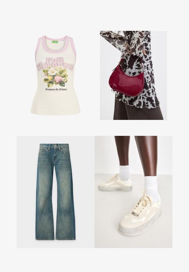 Camiseta sin mangas crema con ribete rosa, texto "Full Flavoured" e ilustración de fresas y flores blancas con texto en francés debajo.; Vaqueros de mezclilla azul con lavado desgastado, cintura alta, perneras anchas, cierre delantero de botón y cremallera, y cinco bolsillos, mostrados sobre un fondo liso.; Zapatillas beige con detalles de cuero suave y ante, suela de goma gris, patrones texturizados y un logo metálico de la marca en el lateral.; Mujer con blusa de estampado en blanco y negro sosteniendo un bolso de hombro rojo brillante sobre un fondo liso.