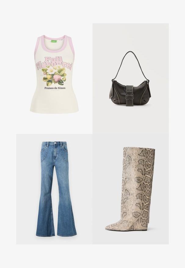 Cremefarvet tanktop med pink kant, teksten "Full Flavoured" og illustration af jordbær og hvide blomster med fransk tekst nedenunder.; Lyseblå højtaljede denimjeans med brede, udvidede ben og buede frontlommer, vist mod en hvid baggrund.; Høje støvler med spids tå i et beige og sort slangeprint mønster. Lavet af tekstureret syntetisk materiale med en slank, glat finish.; Sort læder skuldertaske med spænde på remmen, afrundede kanter og kontrasterende hvide syninger på en ensfarvet baggrund.