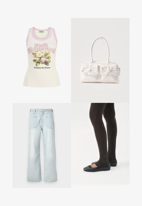 Cremefarvet tanktop med pink kant, teksten "Full Flavoured" og illustration af jordbær og hvide blomster med fransk tekst nedenunder.; Lysblå denim brede bukser med høj talje, to baglommer og subtilt slid, med gul syning.; Ben iført mørke ribbede leggings kombineret med sorte balletsko med små sløjfedetaljer på hvid baggrund.; Hvid syntetisk håndtaske med to forlommer, hver med en bundet sløjfedetalje. Glat tekstur, afrundede håndtag og lynlås lukning.