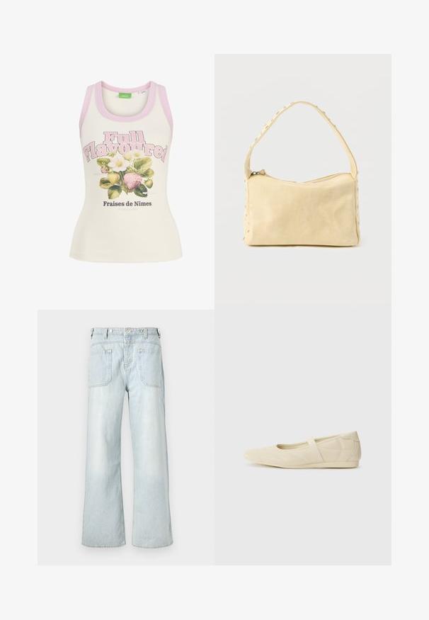 Crèmekleurige tanktop met roze rand, tekst "Full Flavoured" en illustratie van aardbeien en witte bloemen met Franse tekst eronder.; Lichtblauwe denim wijdpijpjans met een hoge taille, twee achterzakken en subtiele vervaging, met gele stikaccenten.; Beige ballerina's met een gladde leren buitenkant, amandelvormige punt en elastische band over de wreef, met subtiele stiksels.; Kleine beige leren handtas met een enkele band en zilveren studs langs de randen en band, tegen een effen achtergrond.