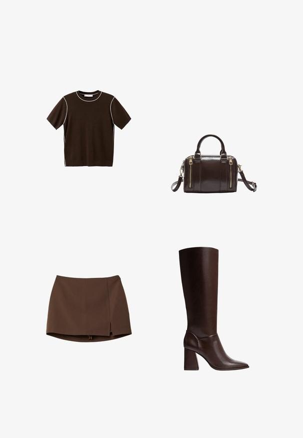 Chemise en tricot à manches courtes de couleur marron foncé avec bordure blanche le long de l'encolure, des coutures d'épaule et des côtés, présentée sur un fond blanc.; Mini-jupe marron en tissu lisse, avec une fente frontale, des lignes épurées et une coupe structurée. Sans poches ni détails métalliques apparents.; Botte en cuir marron, montant jusqu'au genou, avec un bout pointu et un talon bloc, présentant une texture lisse et un design élégant. Broderies accentuées au niveau de la cheville.; Sac à main en cuir marron foncé avec deux zips dorés à l'avant, deux poignées et une bandoulière amovible.