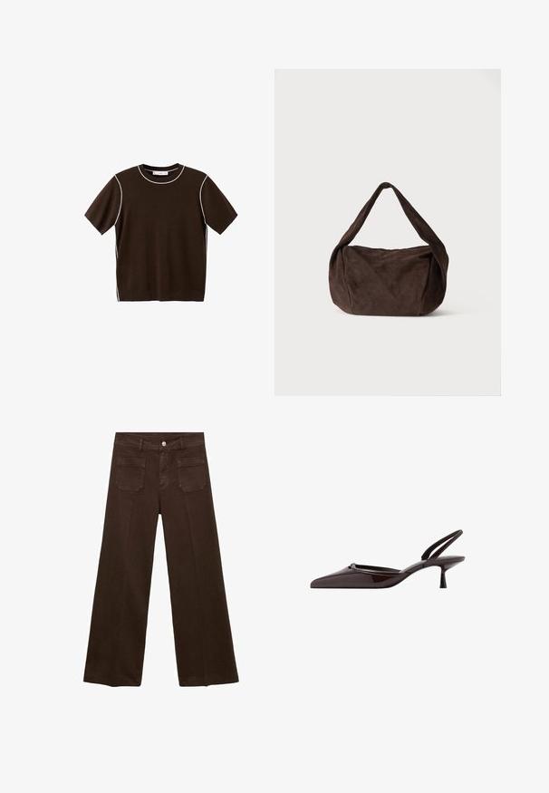 Chemise en tricot à manches courtes de couleur marron foncé avec bordure blanche le long de l'encolure, des coutures d'épaule et des côtés, présentée sur un fond blanc.; Jeans larges marron en denim, avec une taille haute, deux poches arrière et une fermeture à bouton à l'avant. Texture lisse, forme droite.; Escarpin slingback en cuir verni marron foncé avec bout pointu et petit talon kitten sur fond blanc.; Sac à bandoulière en daim brun foncé souple avec une large sangle et une forme rectangulaire arrondie et décontractée sur un fond clair uni.