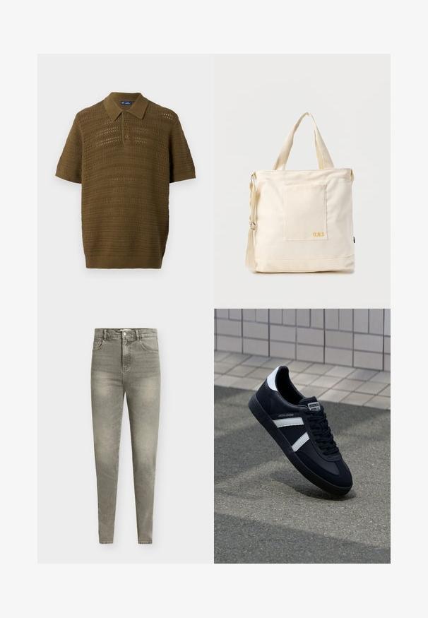 T-shirt med korte ærmer i olivengrøn, med et tekstureret, åbent strikdesign med horisontale striber samt ribbet krave og kant.; Lysegrå denim skinny jeans med høj talje, femlommet design, let slid og subtil falmen i hele stoffet.; Sort lædersneaker med hvide striber, tekstureret gummisål og snørrebånd foran. Har et brandet mærke på tungen.; Kremfarvet lærredstote-taske med frontlomme, to håndtag, justerbar skulderrem og lille gul "O.N.S" tekst i nederste højre hjørne af lommen.