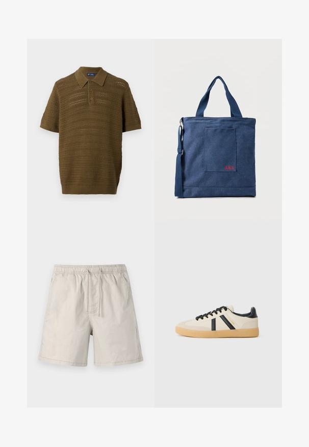 Polo de manga corta en verde oliva, con un diseño texturizado de punto abierto, rayas horizontales y un cuello y dobladillo de canalé.; Pantalones cortos beiges hechos de una tela ligera, con cinturilla elástica, cordón y bolsillos laterales con costuras en contraste.; Zapatillas casuales en crema con rayas negras, con parte superior texturizada y suela de goma. Los cordones son negros. Logo sutil en el costado.; Bolso tote de lona azul con bolsillo frontal y bordado rojo "O.N.S", con asas dobles y una correa ajustable para el hombro.