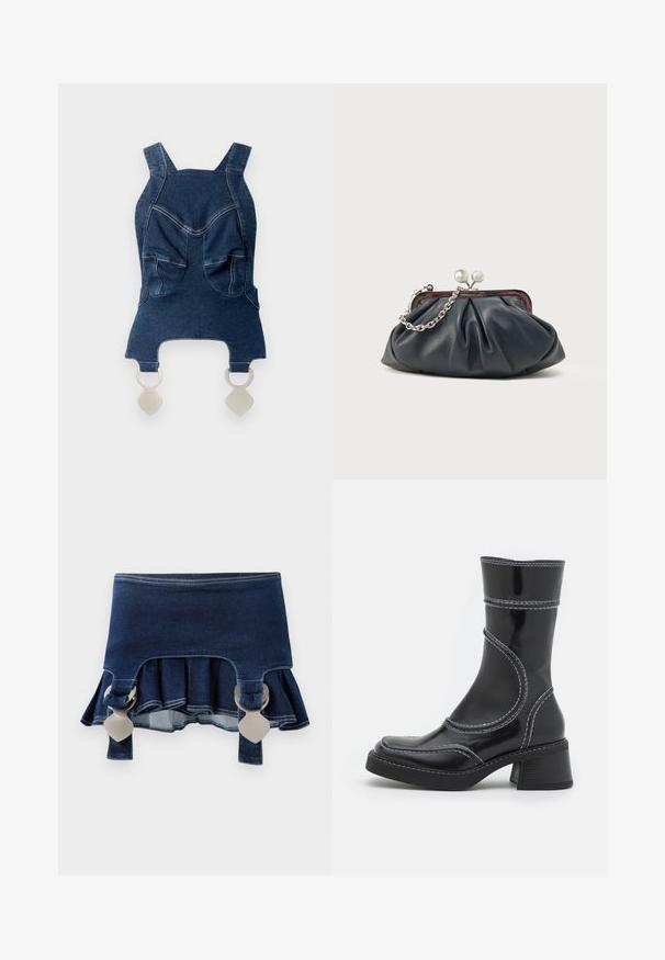 Denimiste top, millel on laiad õlavarre rihmad, kaks esikot, kumer kaelus ja hõbedased detalid all, mis tagavad kinnitamise.; Denim seelik flared põhjaosaga. Omab kahte reguleeritavat halli kinnitust, tume sinine värv ja kontrastsed õmblused ääres.; Must must pikkade säärega, musta lakknahast jalats, valgete õmblustega, ümarate varvaste ja plokk-kandadega. Omab kõveraid disainijoontesid ja siledat pindmääret.; Meresinine nahast käekott kimpudega, hõbedase kettast rihma ja klõpskinnisega. Sile pind väikese läikega.