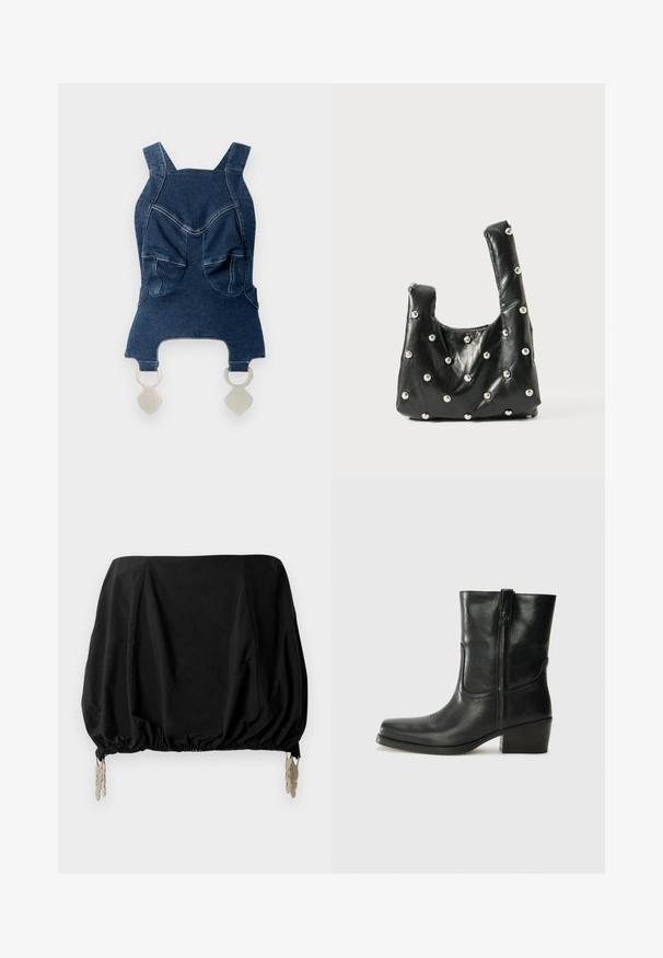 Denim top med brede skulderstropper, to forlommer, en buet halsudskæring og sølvhardware forneden til fastgørelse.; Sort cropped top med en samlede design, med elastisk kant og metalliske clips som detaljer. Fremstillet af et letvægtsstof.; Sort læder ankelstøvle med rundt tå, blokhæl, lynlås i siden og stikninger på vampsiden. Glat tekstur, klassisk design.; Sort lædertaske med en blød tekstur, der har runde top-håndtag og metallisk perleaccent på overfladen. Kompakt, struktureret form.