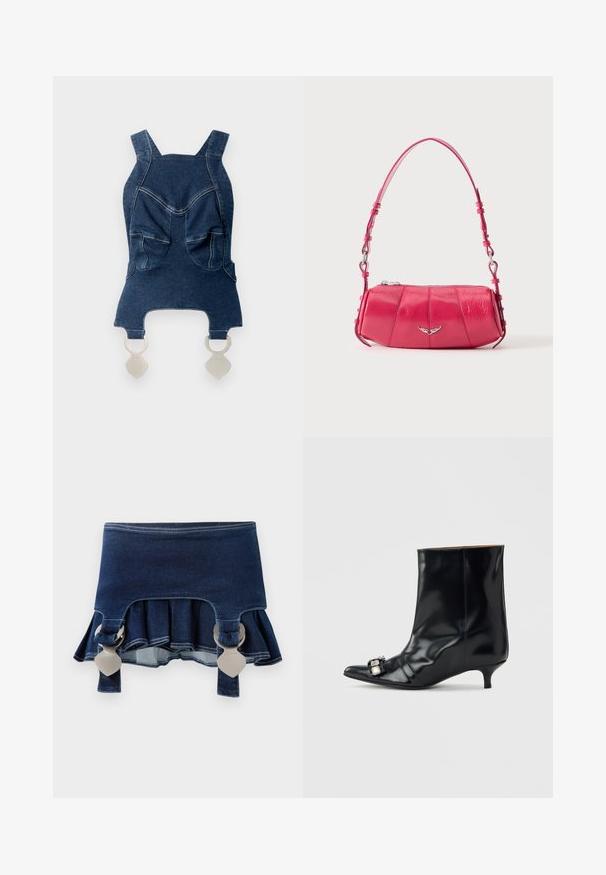 Denim top med brede skulderstropper, to forlommer, en buet halsudskæring og sølvhardware forneden til fastgørelse.; Denimnederdel med en udvidet bund. Har to justerbare grå spænder, mørkeblå farve og kontrasterende syninger langs kanten.; Sort læder ankelstøvle med spids tå, lav kitten-hæl og dekorativ sølvspænde på siden nær tåen.; Lille skinnende lyserød skuldertaske i læder med sølv vingeemblem og justerbar rem, lynlåslukning øverst, vist på hvid baggrund.