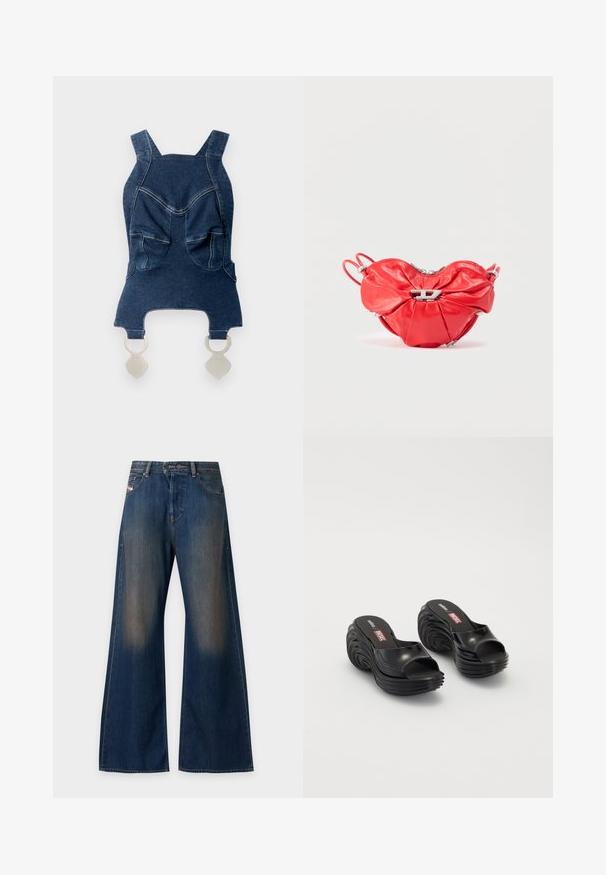 Haut en denim avec de larges bretelles, deux poches avant, un décolleté arrondi et des éléments en métal argenté en bas pour la fermeture.; Jean denim bleu à jambes larges avec des zones décolorées sur les cuisses, cinq poches et fermeture double bouton à la taille, présenté sur fond blanc.; Melissa MELISSA QUANTUM PLATFORM X DIESEL AD - Sandales de bain - black; Sac à main en cuir rouge en forme de cœur, design froncé, fermeture éclair argentée et grand logo métallique en avant.
