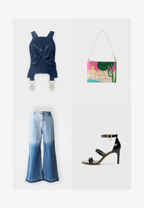 Denim top med brede skulderstropper, to forlommer, en buet halsudskæring og sølvhardware forneden til fastgørelse.; Lysblå denim bukser med vide ben, der har en falmet gradient fra lys til mørk, syet kant og fem-lomme design.; Sorte patenterede lædersandaler med tre stropper, ankelspænde og 10 cm stiletthæl. Har detaljer i guld og et logo charms.; Rektangulær håndtaske med hvid strop, med abstrakt farverigt design af en bygning, træer og sti på pink, grøn og blå baggrund.