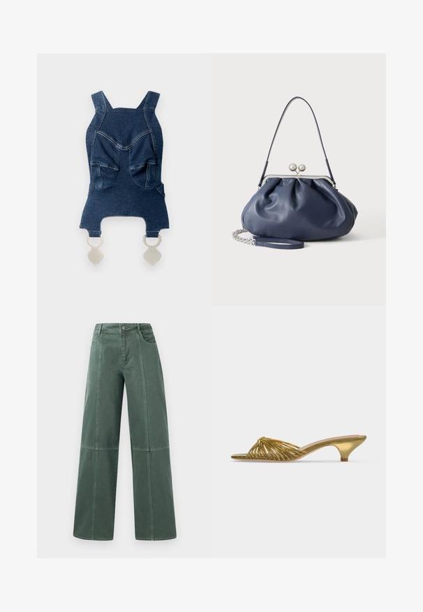 Haut en denim avec de larges bretelles, deux poches avant, un décolleté arrondi et des éléments en métal argenté en bas pour la fermeture.; Pantalons larges en denim vert foncé, avec des coutures surpiquées, cinq poches et une fermeture à bouton à la taille. Texture lisse et design décontracté.; Mule dorée à bout ouvert avec lanières, petit talon kitten et design noué sur fond blanc uni.; Sac à main en cuir bleu marine doux avec fermeture à boucle argentée, une seule bandoulière, et une chaîne de poignet amovible sur fond blanc.
