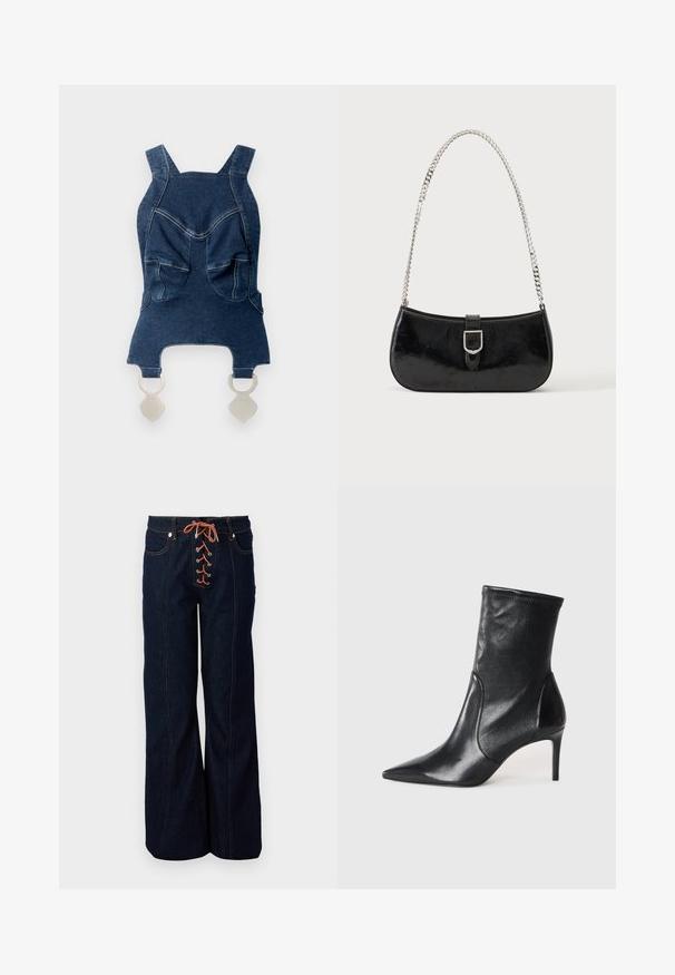 Haut en denim avec de larges bretelles, deux poches avant, un décolleté arrondi et des éléments en métal argenté en bas pour la fermeture.; Pantalons en denim bleu foncé taille haute avec une jambe évasée, dotés d'un devant décoratif en dentelle, de lacets orange et de coutures contrastées.; Bottes noires à la cheville en cuir lisse, dotées d'un bout pointu, d'un tige ajustée et d'un talon haut fin. Design minimaliste sans quincaillerie visible.; Sac à épaule en cuir verni noir avec détail de boucle argentée et bandoulière en chaîne argentée, présenté sur un fond uni clair.