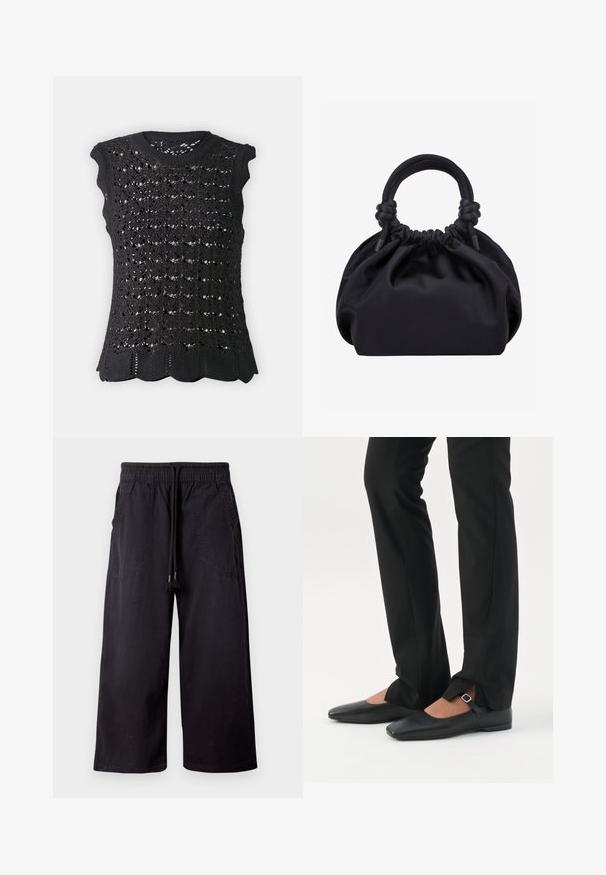 Top sin mangas de punto negro con un diseño de calados, dobladillo en forma de concha y escote redondo. Fabricado con un tejido texturizado.; Pantalones negros de pierna ancha con cintura elástica y cordón, con bolsillos delanteros de parche, exhibidos sobre un fondo claro y liso.; Piernas con pantalones ajustados negros con aberturas frontales en el dobladillo, combinados con zapatos planos Mary Jane negros con una pequeña correa con hebilla.; Bolso de mano de tela negra suave con parte superior fruncida y asas acolchadas circulares atadas con nudos a cada lado.