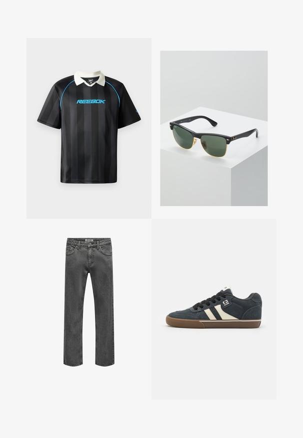 Polo shirt noir Reebok avec des rayures verticales, présentant un col blanc et un logo bleu sur la poitrine. Manches courtes, texture de tissu lisse.; Jean droit pour homme en denim gris foncé avec fermeture avant à bouton et zip, passants de ceinture et design classique à cinq poches.; Baskets en daim bleu foncé avec des rayures crème, lacets noirs et semelle en caoutchouc marron. Comprend un col rembourré et un logo sur le côté.; Lunettes de soleil Ray-Ban avec des verres verts, monture en plastique noir et accents dorés sur les bords. Forme carrée avec une finition mate.
