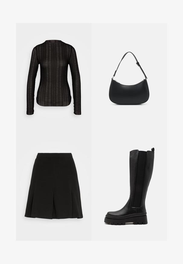 Haut noir à manches longues en tissu texturé avec des rayures verticales. Il présente un col rond et une coupe ajustée, mettant en valeur une silhouette élancée.; Even&Odd by Zalando Minijupe - black; Botte noire montante en cuir lisse avec des panneaux latéraux élastiques, semelle plate-forme épaisse et texture striée à la base.; Pieces PCALUANA SHOULDER BAG - Sac à main - black