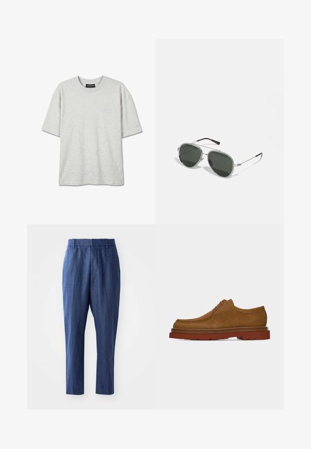 Camiseta de manga corta y cuello redondo color gris claro con un logo sutil "PEGADOR" en el pecho izquierdo y etiqueta negra en el interior del cuello.; Pantalones de lino azul marino con un corte relajado, cinturilla elástica y piernas ajustadas. Presentan una textura suave y detalles de costura mínimos.; Zapato de cordones para hombre de ante marrón con suela gruesa de goma roja y costuras al estilo mocasín, mostrado de perfil lateral.; Un par de gafas de sol aviador metálicas plateadas con lentes verde oscuro, que cuentan con brazos delgados con acentos de carey y una forma redonda.