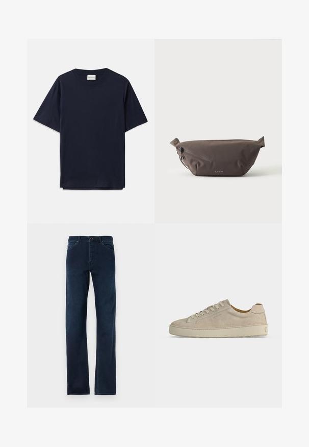 Dunkelblauses Baumwoll-T-Shirt mit kurzen Ärmeln, Rundhalsausschnitt und lockerer Passform. Das Etikett am Ausschnitt trägt den Schriftzug "CLOSED". Glatte Textur.; Dunkelblaue Jeans aus Denim mit geradem Schnitt, fünf Taschen, einem Knopfverschluss und kontrastierenden Nähten entlang der Säume.; Beiger Wildleder-Low-Top-Sneaker mit Schnürverschluss und dicker Gummisohle, von der Seite auf weißem Hintergrund gezeigt.; Dunkelbraune Stoff-Gürteltasche mit diagonalem Reißverschlussfach und kleinem weißen Logo vorne, vor einem einfarbigen hellen Hintergrund.