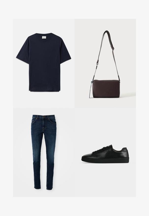 Donkerblauwe katoenen T-shirt met korte mouwen, ronde halslijn en een ontspannen pasvorm. Etiket leest "CLOSED" bij de halslijn. Vette textuur.; Donkerblauwe denim jeans met een slim fit, gestructureerd ontwerp, vijf-pocketstijl en lichte vervagingdetails langs de benen en naden.; Zwarte lage leren sneaker met zwarte veters en een dikke zwarte zool, getoond van opzij tegen een lichtgrijze achtergrond.; Donkerbruine gestructureerde leren crossbodytas met verstelbare riem en klein decoratief blauw accent aan de zijkant.