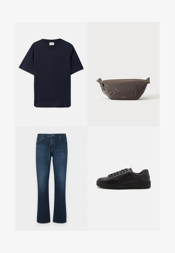 Mørkeblå bomulds T-shirt med korte ærmer, rund halsudskæring og en afslappet pasform. Etiketten siger "CLOSED" ved halsudskæringen. Glat tekstur.; Mørkeblå denimjeans med lige ben-design, fem lommer og metalknap-lukning. Glat tekstur med subtil falming.; Sorte lædersneakers med rund tå, flad sål og traditionel snøring. Har en glat tekstur og diskrete detaljer på siden.; Mørkebrun stof talje taske med diagonalt lynlåslomme og lille hvidt logo på fronten, sat mod en ensfarvet lys baggrund.