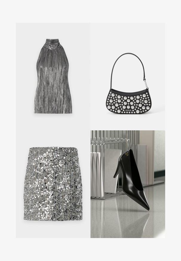 Top sin mangas de color plata metálico con cuello alto, que presenta pliegues verticales y un cuerpo recogido para aportar textura y dimensión.; Mini falda de lentejuelas con un esquema de color metálico plateado y negro, superficie texturizada con lentejuelas reflectantes y un diseño ajustado.; Zapato de tacón alto negro con punta afilada y logo dorado, colocado sobre una superficie reflectante cerca de un organizador de archivos de alambre cromado con documentos.; Bolso de mano de cuero negro con forma curva, adornado con tachuelas de plata de diferentes tamaños y una correa corta. Logo "HUGO" impreso en la parte frontal.