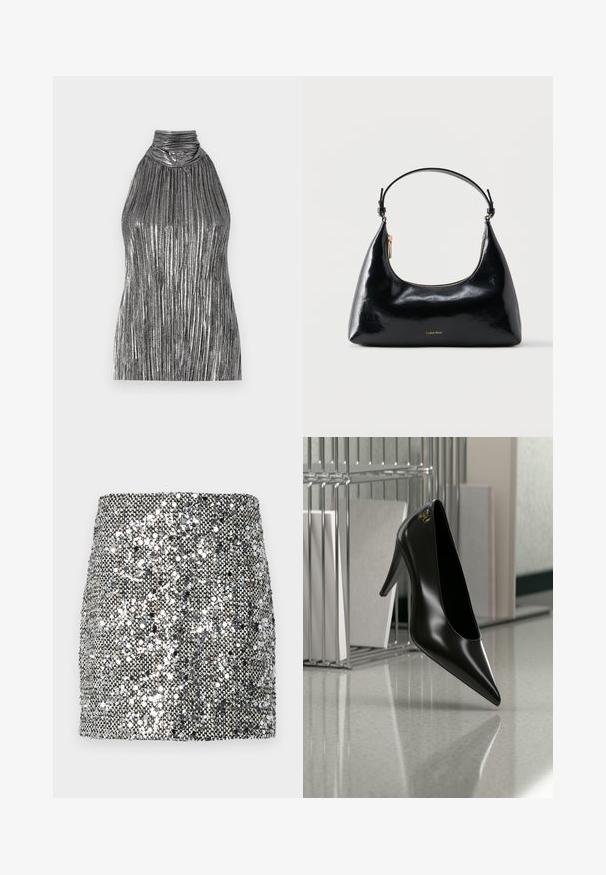 Top sin mangas de color plata metálico con cuello alto, que presenta pliegues verticales y un cuerpo recogido para aportar textura y dimensión.; Mini falda de lentejuelas con un esquema de color metálico plateado y negro, superficie texturizada con lentejuelas reflectantes y un diseño ajustado.; Zapato de tacón alto negro con punta afilada y logo dorado, colocado sobre una superficie reflectante cerca de un organizador de archivos de alambre cromado con documentos.; Bolso negro brillante de Calvin Klein con cremallera dorada y correa corta sobre un fondo blanco liso.