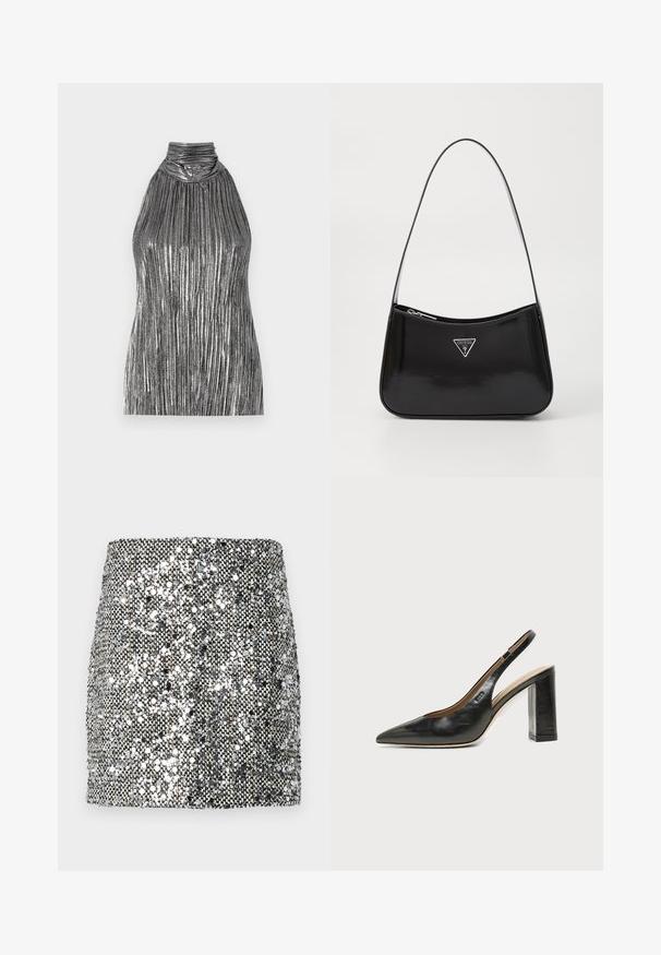 Top sin mangas de color plata metálico con cuello alto, que presenta pliegues verticales y un cuerpo recogido para aportar textura y dimensión.; Mini falda de lentejuelas con un esquema de color metálico plateado y negro, superficie texturizada con lentejuelas reflectantes y un diseño ajustado.; Zapato slingback de piel negra con puntera puntiaguda, tacón alto y ancho, y forro interior beige sobre un fondo claro y liso.; Bolso de hombro de charol negro con forma curva, que presenta un logotipo triangular plateado y un cierre de cremallera. Textura suave y correa delgada.