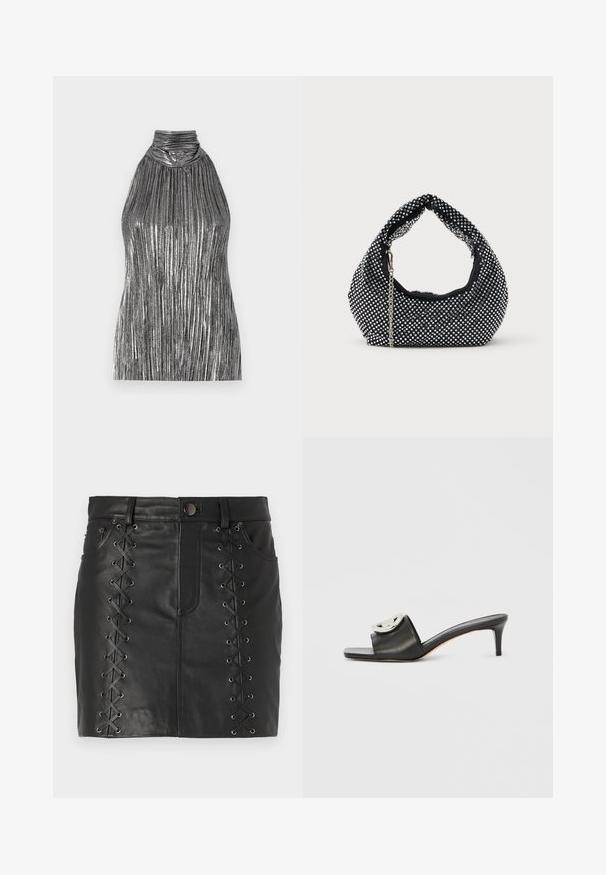 Top sans manches en argent métallique avec un col élevé, présentant des plis verticaux et un buste froncé pour une texture et une dimension.; Mini-jupe en cuir noir avec un laçage sur les côtés agrémenté d'œillets en métal, design à cinq poches et silhouette ajustée.; Sandale en cuir noir avec un bout carré et un talon de hauteur moyenne. Présente un accent métallique décoratif sur la bride. Texture lisse.; Sac à main en maille noire orné de clous en argent, avec une poignée incurvée et une bandoulière en chaîne. Texture douce avec une forme arrondie.