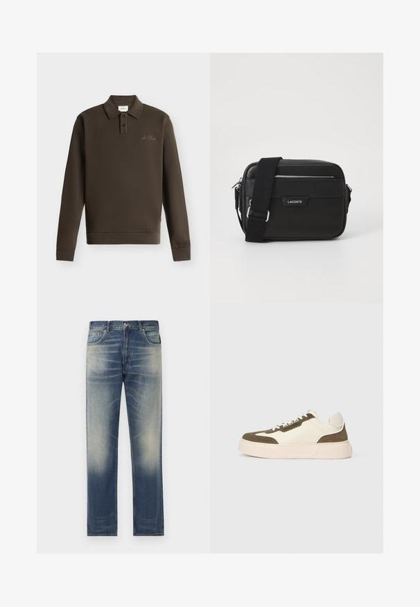 Donkerbruine poloshirt met lange mouwen, twee knopen en kleine geborduurde tekst op de linkerborst tegen een witte achtergrond.; Blauwe denim jeans met een rechte snit, voorzien van subtiele vervaging en wassing details aan de voorkant, vijf-pocket ontwerp en ceintuurlussen.; Lage sneaker met beige zool, crèmekleurig lichaam en olijfgroene suede details, voorzien van witte veters en een gelabelde zijkant.; Zwarte schoudertas van gestructureerd synthetisch materiaal, met zilverkleurige hardware, verstelbare schouderband, een logo plaat aan de voorkant en een ritsluiting.