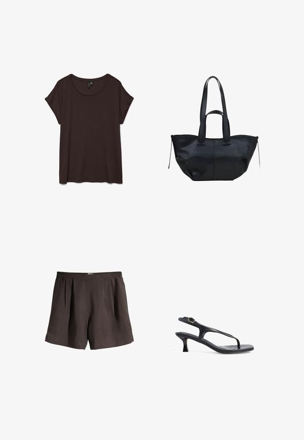 Donkerbruin T-shirt met korte mouwen, een ronde halslijn en zachte stof. Kenmerkt zich door een losse pasvorm en opgerolde mouwen voor extra comfort.; Zwarte shorts met hoge taille, een elastische tailleband en plooien aan de voorkant, gemaakt van lichtgewicht stof.; Zwarte leren sandaal met een slank ontwerp, dunne banden en een kleine hak. Bevat een gespaccent en een gladde, gestructureerde zool.; Zwarte leren tote bag met een gladde textuur, stevige dubbele handvatten en een ruime vormgeving. Heeft zijdelingse strikbanden voor een verstelbare vorm.
