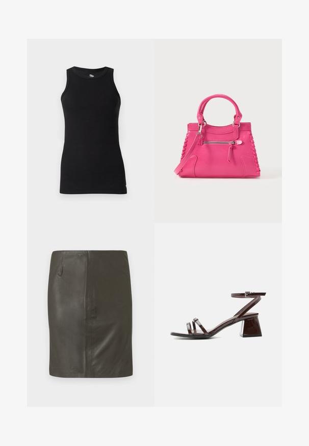 Replay Top - black; Dunkelgrüner Lederrrock mit glatter Textur, figurbetonter Form und einer seitlichen Tasche. Schlichtes Design ohne sichtbare Beschläge oder Muster.; Dunkelbraune Sandale aus Lackleder mit Blockabsatz, Knöchelriemen mit Schnalle und zwei dünnen Riemen über den Zehen auf weißem Hintergrund.; Rosa Lederhandtasche mit zwei Griffen, dekorativer Seitenbanda und einer vorderen Reißverschlusstasche. Glatte Textur, strukturierte Form.
