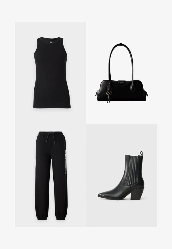 Replay Top - black; Zwarte trainingsbroek met een elastische tailleband, verstelbare trekkoord en taps toelopende manchetten. Voorzien van een wit logo dat aan de linkerkant is gedrukt.; Zwarte leren enkelboot met een spitse neus, ribbelige zijpanelen en een dikke hak, geplaatst op een gewatteerde tegeloppervlak.; Zwarte leren Calvin Klein handtas met lange hengsels, een logo-label aan de voorkant en een zilverkleurige geometrische hanger die aan één hengsel hangt.