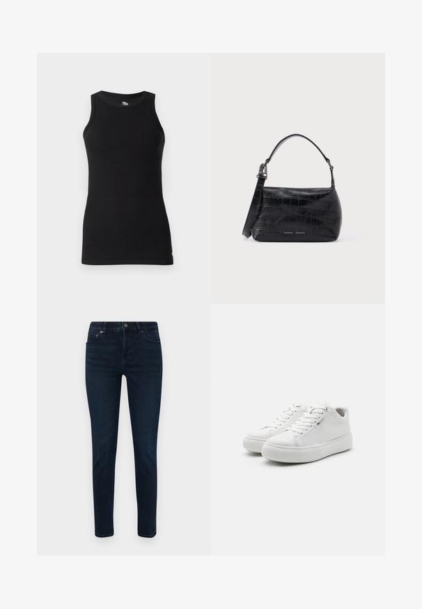 Replay Top - black; Dunkelblaue Jeans mit schmaler Passform, ausgestattet mit einem Fünf-Taschen-Design, Knopfverschluss und dezenten Nähdetails. Glatte Textur über die gesamte Fläche.; Weiße, flache Sneakers mit einem glatten Obermaterial aus Canvas, runder Zehenpartie und dicker Gummisohle. Verfügt über eine Schnürung auf der Vorderseite und ein minimalistisches Design.; Schwarze Schultertasche aus krokodilprägtem Leder mit Tragegriff oben und Logodruck auf der Vorderseite.