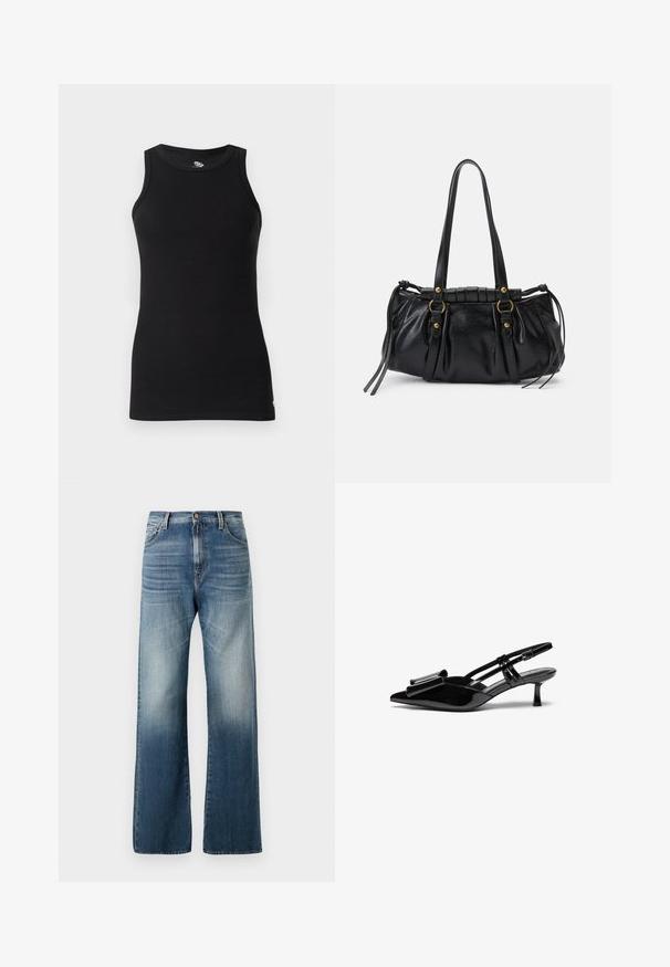 Replay Top - black; Weite blaue Denim-Jeans mit einem ausgewaschenen Finish, ausgestattet mit einem Knopfverschluss und traditionellem Fünf-Taschen-Design. Glatte Textur über das gesamte Material.; Schwarze Lackleder-Slingbacks mit spitzer Zehenpartie, einer Schleifendetail an der Vorderseite und einem kleinen Stiletto-Absatz. Die Riemen haben verstellbare Schnallen.; Schwarze Lederhandtasche mit runder Form, doppelten Griffen, dekorativen Hardware-Details und seitlichen Bindebändern. Glatte, glänzende Textur.