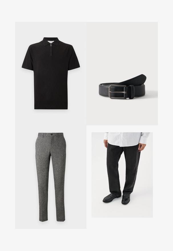 Polo negro de manga corta con un discreto patrón de diamantes y cierre de cremallera delantero debajo del cuello sobre un fondo liso.; Lindbergh PANTS - Pantalones - brown; Pantalones de mezclilla negros combinados con mocasines negros brillantes. La camisa es blanca con finas rayas verticales, de mangas largas y con cuello abotonado.; Cinturón de cuero negro enrollado con hebilla rectangular de metal plateado sobre un fondo claro y sencillo.