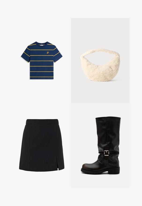 Camiseta azul marino de manga corta con rayas amarillas horizontales y un pequeño logo amarillo bordado en el pecho izquierdo.; Minifalda negra línea A con cintura alta y una pequeña abertura en el lado delantero derecho.; Bota alta de piel negra con punta redondeada, tacón bajo, correa con hebilla lateral y caña ligeramente caída sobre fondo blanco.; Bolso de color crema con una textura suave y esponjosa. Forma curvada y una tira ancha para llevar. Diseño simple, sin hardware o acentos visibles.