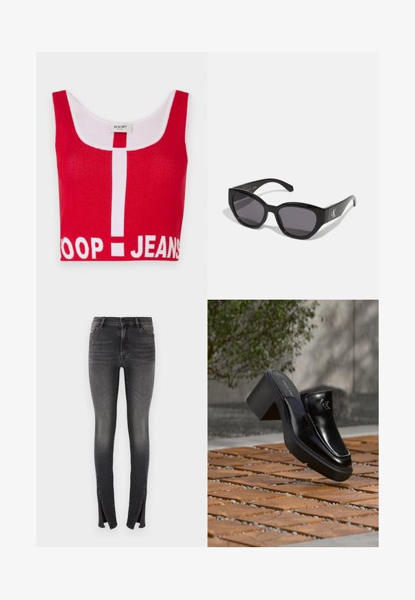 Rød strikket crop top med en hvid accentueret rund halsudskæring, med fed "JOOP! JEANS" tekst nederst og lodrette striber.; Slanke jeans i mørk grå denim, med høj talje, frontlommer og unikke slidser ved anklerne for et moderne design.; Sort læder Calvin Klein slip-on mule med blokhæl, der hviler på trætøj udendørs nær en grøn plante og en grå væg.; Sorte solbriller med et strømlinet, vinklet design, mørke linser og et kontrasterende sølvlogo på siden. Glat plastoverflade.