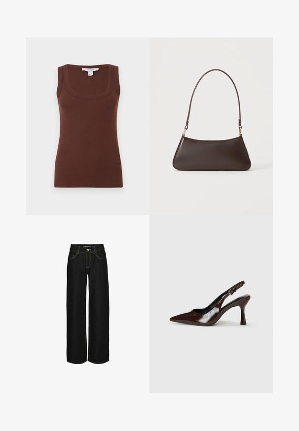 Brun ribbet ærmeløs tanktop med firkantet udskæring og Topshop-mærke, størrelse small, på ensfarvet lysegrå baggrund.; Sorte wide-leg jeans lavet af denim med kontrasterende gul syning. Har en knaplukning og flere lommer.; Brune patenterede læderslingback-sandaletter med spids tå, en tynd hæl og justerbar rem med en lille spænde.; Mørkebrun læderhåndtaske med en buet toplynlås og en tynd skulderrem med guldfarvede låse på en ensfarvet baggrund.