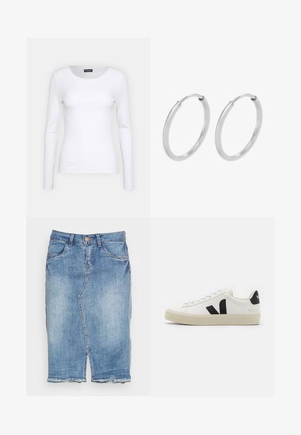 Top de manga larga blanco con cuello redondo. Fabricado en una tela elástica que se ajusta al cuerpo. Presenta sutiles líneas horizontales.; Falda vaquera azul claro con abertura frontal, dobladillo deshilachado, trabillas para cinturón, cierre de botones y bolsillos delanteros.; Zapatilla de cuero blanca con logo V de goma negra. Suela texturizada en blanco roto, cordones blancos y detalle en el talón trasero con el nombre de la marca en negro.; Pendientes de aro de plata, forma circular, textura lisa y brillante, y ancho constante en toda su extensión. Diseño minimalista sin acentos adicionales.