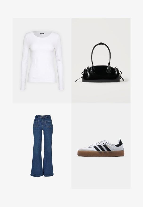 T-shirt à manches longues blanc côtelé avec un col rond. Fabriqué en un tissu extensible qui épouse le corps. Présente de fines lignes horizontales.; Jean en denim bleu taille haute avec jambes évasées larges, poches plaquées à l'avant, passants de ceinture et fermeture par bouton.; Baskets en cuir blanc avec des rayures noires, semelle extérieure en caoutchouc beige, bout rond, fermeture lacée et embout en suède gris doux.; Petit sac à main noir brillant avec deux longues anses et des détails à cordon sur les côtés sur un fond clair uni.