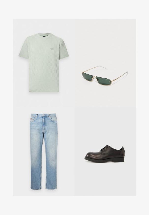 T-shirt vert clair à manches courtes avec un subtil motif à carreaux et un petit logo en relief sur la poitrine gauche, col rond.; Jean en denim bleu clair à jambes droites avec fermeture à boutons et zip à l'avant, passants pour ceinture et design à cinq poches.; Chaussure habillée en cuir noir avec un bout arrondi, des coutures minimales, un petit talon en caoutchouc et maintenue par des lacets noirs.; Lunettes de soleil rectangulaires avec des verres vert foncé et une monture en métal doré. Présente des branches fines avec des accents transparents et un logo sur le verre.