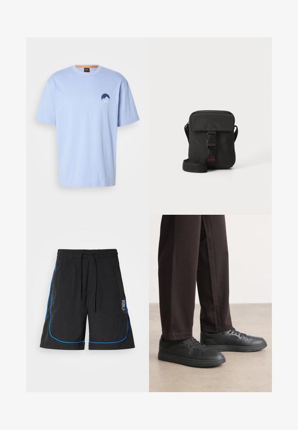 T-shirt bleu clair à manches courtes avec une petite montagne bleu foncé et le logo "BOSS" sur la poitrine gauche, et un détail de col intérieur orange.; Shorts de bain noirs avec taille à cordon de serrage, présentant un piping bleu le long des coutures et un logo sur la cuisse gauche. Tissu léger.; Baskets noires avec une texture lisse semblable au cuir, bout rond et système de laçage. Associées à un pantalon foncé à coupe décontractée. Semelle en caoutchouc plate.; Sac à bandoulière noir en tissu durable. Dispose d'une fermeture à rabat, d'une sangle réglable avec un logo en relief et d'un détail de boucle à l'avant.