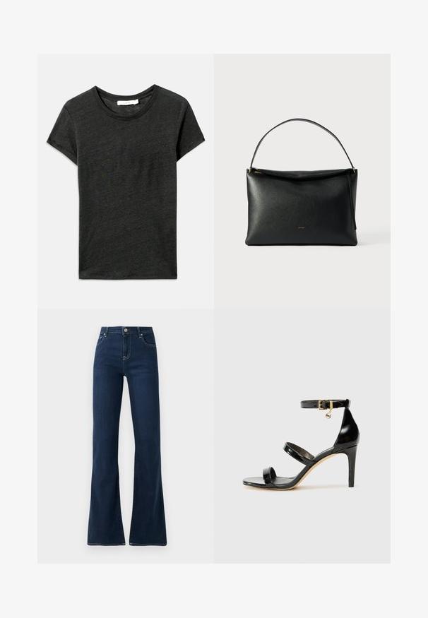 Mørkegrå kortærmet t-shirt, rund hals, fremstillet af blødt, tekstureret stof med en afslappet pasform. Ingen synlige mønstre eller metaldele.; Mørkeblå flagrende jeans med høj talje, lavet af denimstof. Har to forlommer og kontrastsyninger langs sømmen.; Sorte patenterede lædersandaler med tre stropper, ankelspænde og 10 cm stiletthæl. Har detaljer i guld og et logo charms.; Sort læderhåndtaske med en glat tekstur, et buet håndtag og en lynlåsdetaile i guldton. Minimalistisk design med et diskret logo.