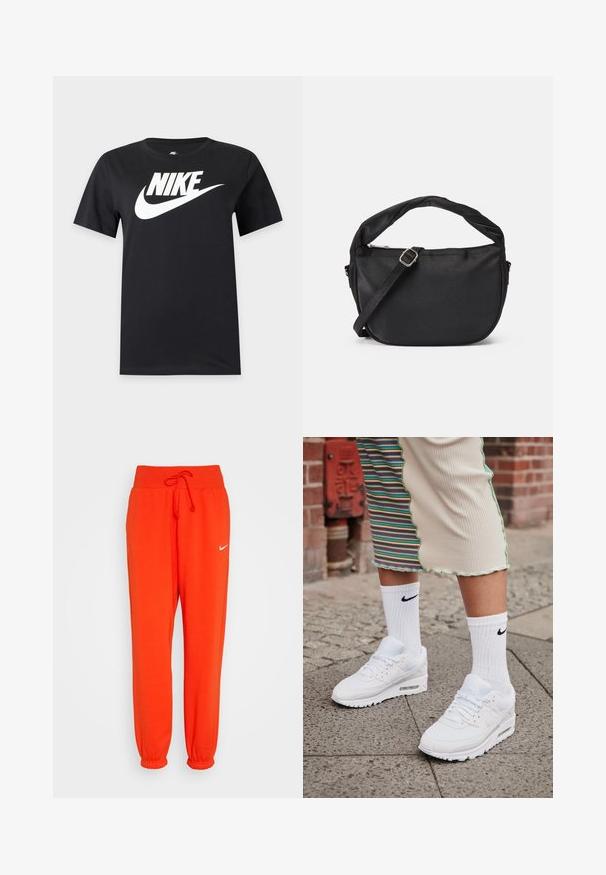 T-shirt noir à manches courtes avec un grand logo blanc Nike et un swoosh sur la poitrine sur un fond uni.; Nike Sportswear W PHNX FLC HR OS - Pantalon de survêtement - picante red/sail; Baskets Nike Air Max 90 blanches avec une tige en maille et cuir, dotées d'une unité d'air visible, accompagnées de chaussettes blanches côtelées avec un logo noir.; Sac à épaule en tissu noir avec une poignée torsadée, une sangle amovible et une fermeture zippée en haut. Texture lisse et design minimaliste.