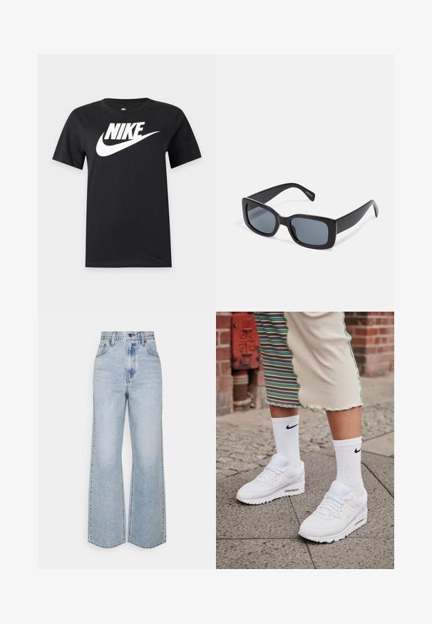 Black short-sleeve t-shirt with a large white Nike logo and swoosh across the chest on a plain background.; Light blue denim wide-leg jeans featuring a high waist, classic five-pocket design, and contrasting stitching. Raw hem detail at the bottom.; White Nike Air Max 90 sneakers with mesh and leather upper, featuring a visible air unit, paired with white ribbed socks with black logo.; Black rectangular sunglasses with dark tinted lenses, thick plastic frame, and wide temples. Smooth surface and angular design.