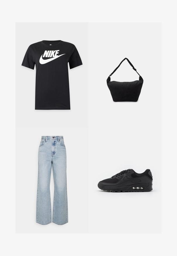 Sort T-shirt med korte ærmer med stort hvidt Nike-logo og swoosh over brystet på en ensfarvet baggrund.; Lysblå denim brede ben jeans med høj talje, klassisk fem-lomme design og kontrasterende syninger. Uslebne kanter i bunden.; Sort atletisk sneakers med en glat læder- og mesh-overdel, rund tå, teksturerede detaljer og en synlig luftenhed i sålen.; Sort stof skuldertaske med en blød tekstureret overflade, rund form og en enkelt rem. Minimalistisk design uden synligt hardware eller accenter.