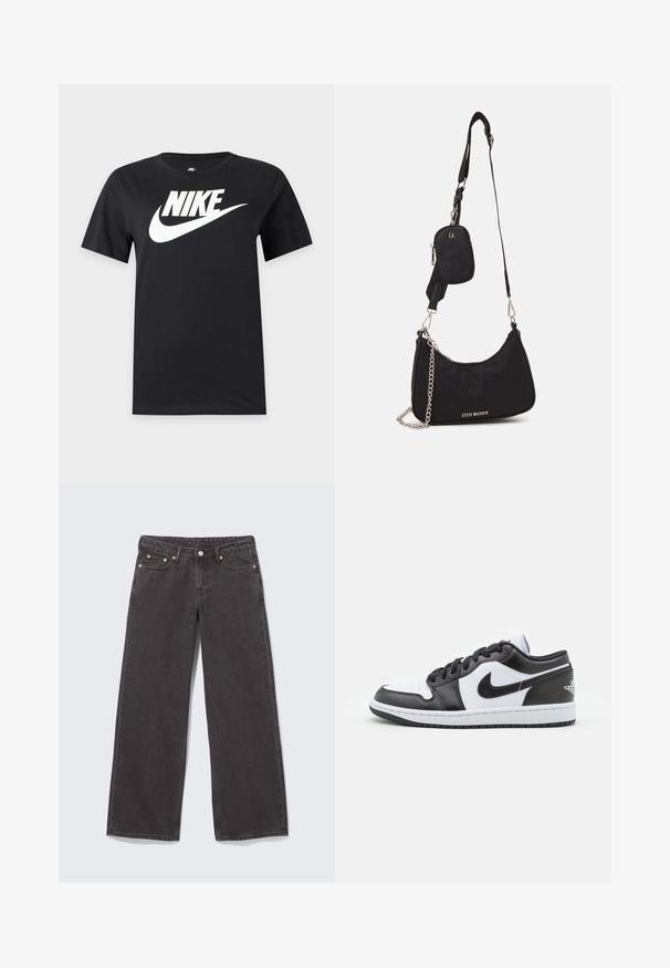 Zwart T-shirt met korte mouwen met een groot wit Nike-logo en swoosh over de borst op een effen achtergrond.; Zwarte denim jeans met wijde pijpen, koperen klinknagels, vijf zakken en een knoopsluiting. Zachte, stevige textuur met een rechte snit van taille tot zoom.; Zwart-witte Nike lage sneakers hebben een glad leren bovenwerk, een ronde neus, vetersluiting en een gestippelde rubberen zool.; Zwarte nylon schoudertas met een gebogen vorm, zilveren kettingaccent, afneembaar mini-zakje en verstelbare schouderband; voorzien van het "Steve Madden" logo.