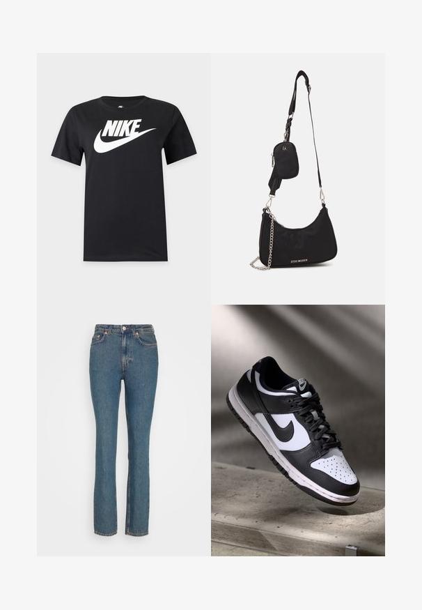 Sort T-shirt med korte ærmer med stort hvidt Nike-logo og swoosh over brystet på en ensfarvet baggrund.; Weekday CITY HIGH SLIM - Jeans Slim Fit - lapis blue; Sorthvid Nike Dunk Low sneakers med læderoverdel, perforeret tåboks og sorte snørebånd, udstyret med en hvid sål og logo accenter.; Sort nylon skuldertaske med en buet form, sølvfarvet kædeaccent, aftagelig mini-pung og justerbar rem; prydet med "Steve Madden" logo.