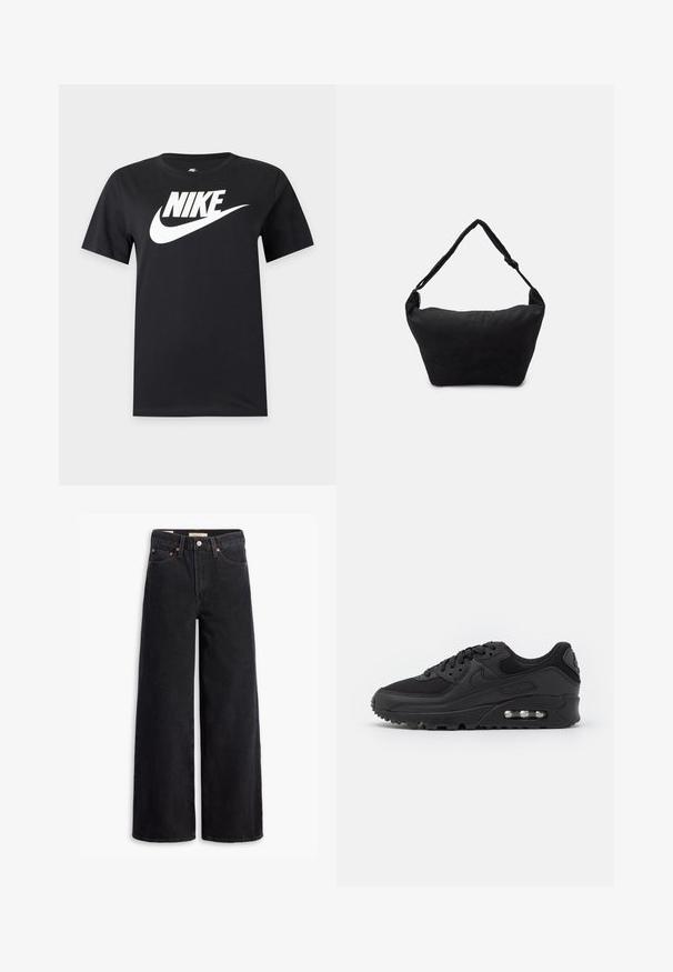 Must lühikeste varrukatega t-särk suure valge Nike'i logoga ja rinnal olevaga ühevärvilisel taustal.; Mustad laiad teksad, mis on valmistatud denimist, viie tasku, vase nuppe ja klassikalise nööbiga kinnitusega. Sile tekstuur ja puhas disain.; Musthave mustusneakerid sileda nahk ja võrk, ümar nina, tekstuuriga aktsendid ja nähtav õhusüsteem tallas.; Must mustriga mustriga kott musta kangast, pehme tekstuuriga pinnaga, ümar kuju ja ühe rihmaga. Minimalistlik disain, ilma nähtava riistvara või aktsentideta.