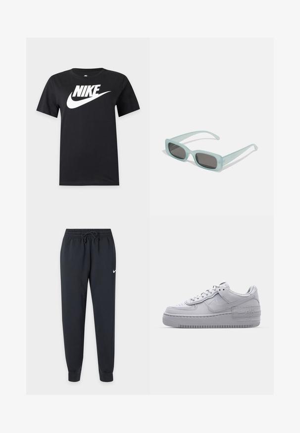 T-shirt noir à manches courtes avec un grand logo blanc Nike et un swoosh sur la poitrine sur un fond uni.; Pantalon de survêtement Nike noir avec taille élastique et cordon, jambes fuselées, chevilles bord-côte et petit logo Nike blanc sur la cuisse droite.; Basket en cuir lisse gris Nike Air Force 1 avec un bout perforé, une semelle épaisse et un détail 'AIR' en relief sur le talon.; Une paire de lunettes de soleil rectangulaires avec des montures translucides bleu clair et des verres gris foncé, présentant des branches droites et des détails matériels minimaux.
