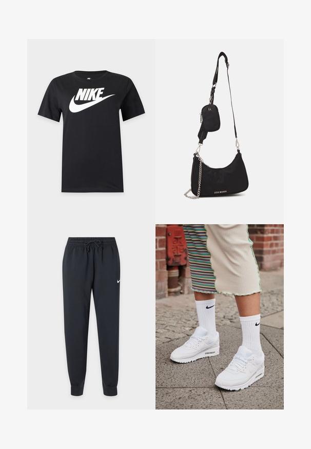 T-shirt noir à manches courtes avec un grand logo blanc Nike et un swoosh sur la poitrine sur un fond uni.; Pantalon de survêtement Nike noir avec taille élastique et cordon, jambes fuselées, chevilles bord-côte et petit logo Nike blanc sur la cuisse droite.; Baskets Nike Air Max 90 blanches avec une tige en maille et cuir, dotées d'une unité d'air visible, accompagnées de chaussettes blanches côtelées avec un logo noir.; Sac en nylon noir à l'épaule avec une forme incurvée, accent en chaîne argentée, pochette mini amovible et bandoulière ajustable ; présente le logo "Steve Madden".